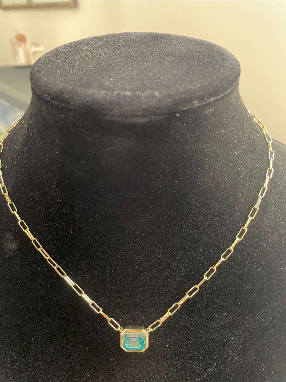 Gold Chain Necklace with Teal Gemstone Pendant